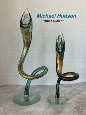 Michael Hudson Hand Blown Art Twisted Glass Candlestick Holder Set, 13” and 10”